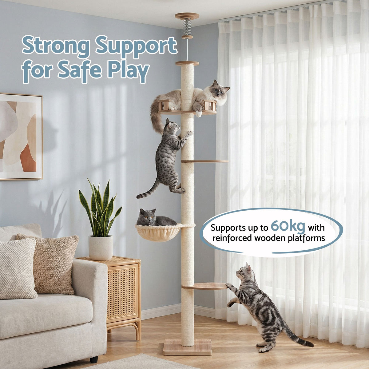 i.Pet Floor-to-Ceiling Sisal Cat Scratching Tree - Beige, Adjustable 249–274 cm