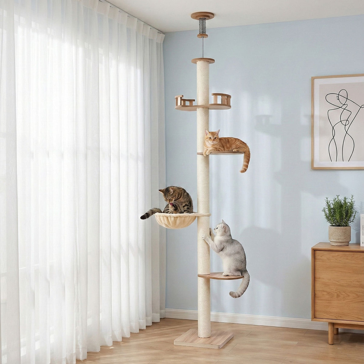 i.Pet Floor-to-Ceiling Sisal Cat Scratching Tree - Beige, Adjustable 249–274 cm