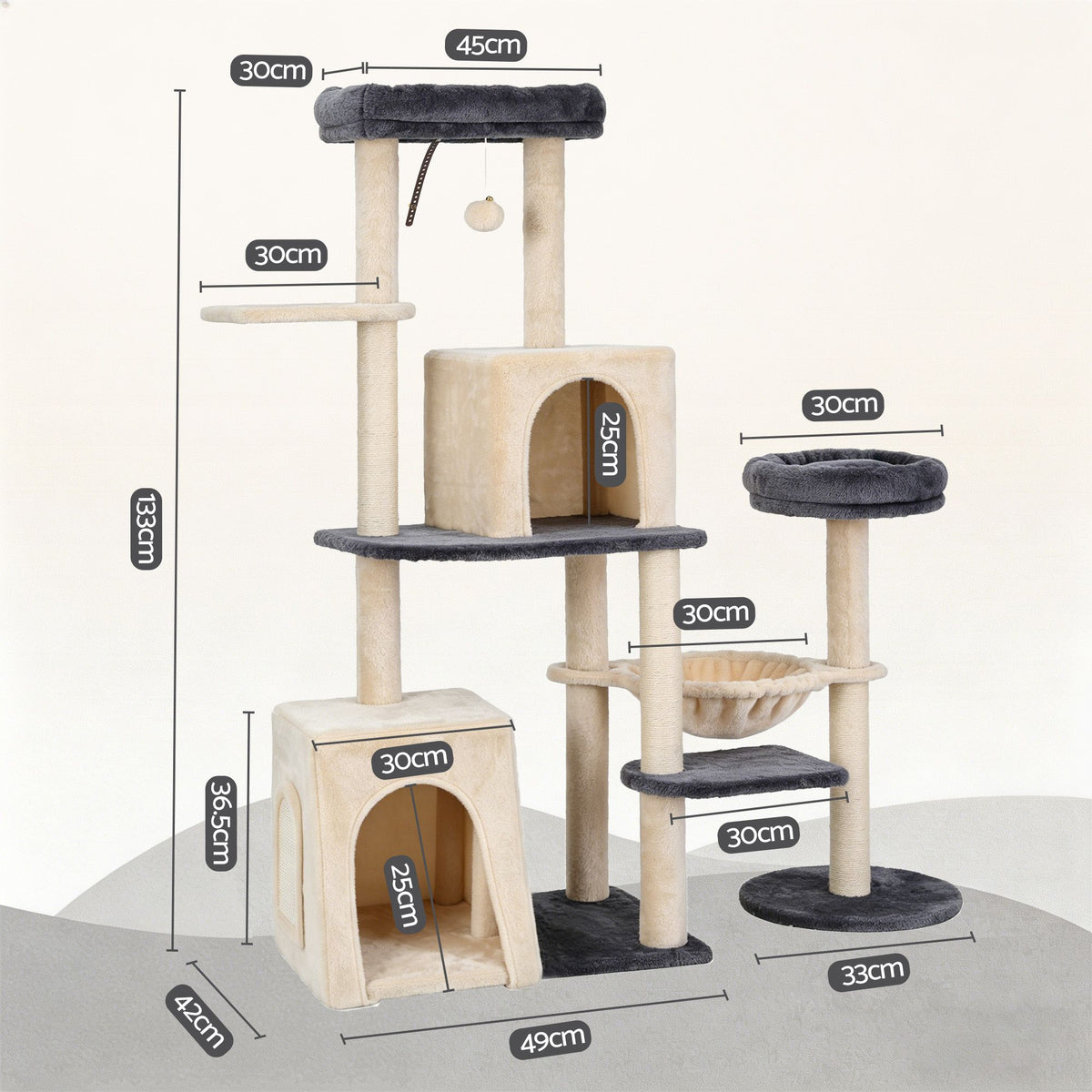 i.Pet Rotating L-Shape Cat Tree Tower - Grey/Beige, 133 cm