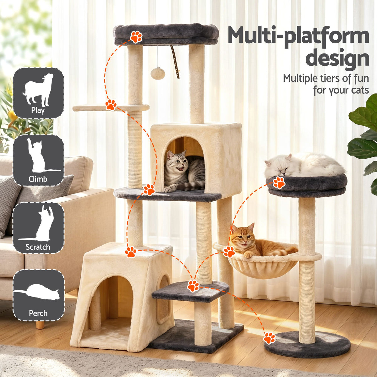 i.Pet Rotating L-Shape Cat Tree Tower - Grey/Beige, 133 cm