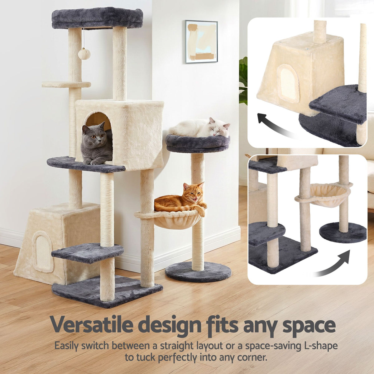i.Pet Rotating L-Shape Cat Tree Tower - Grey/Beige, 133 cm