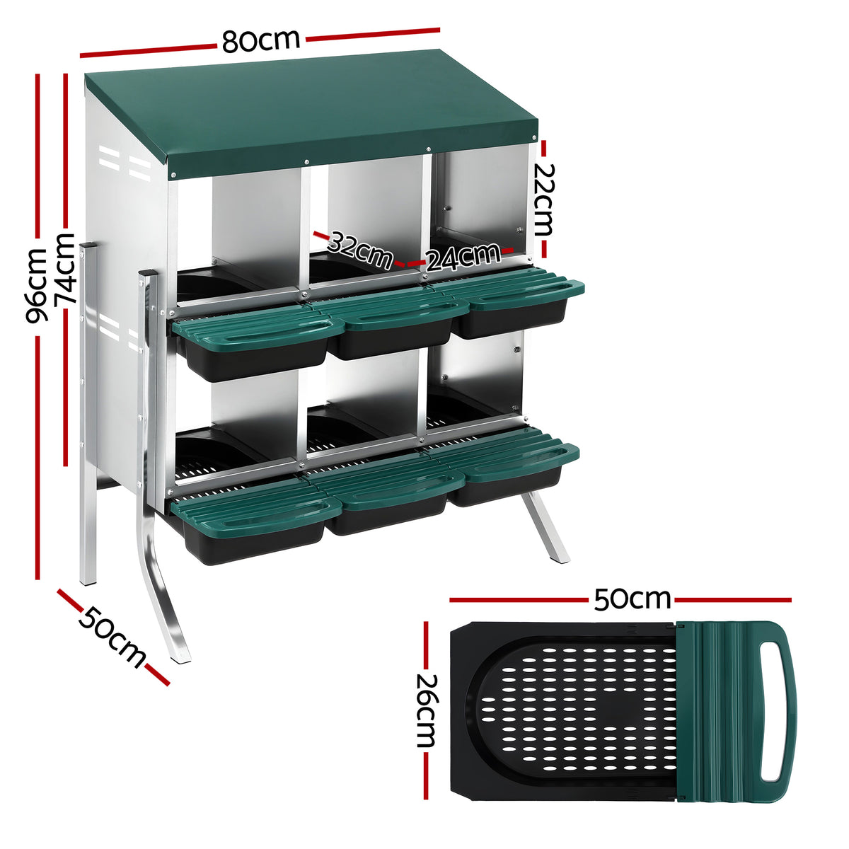 i.Pet Six-Hole Two-Tier Roll-Away Chicken Nesting Box - Green, Adjustable Height