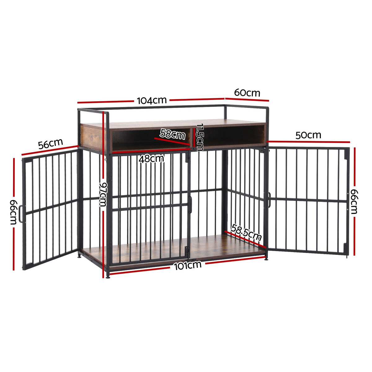 i.Pet Wooden Dog Crate Furniture with Three Doors - Black/Brown, 104 cm