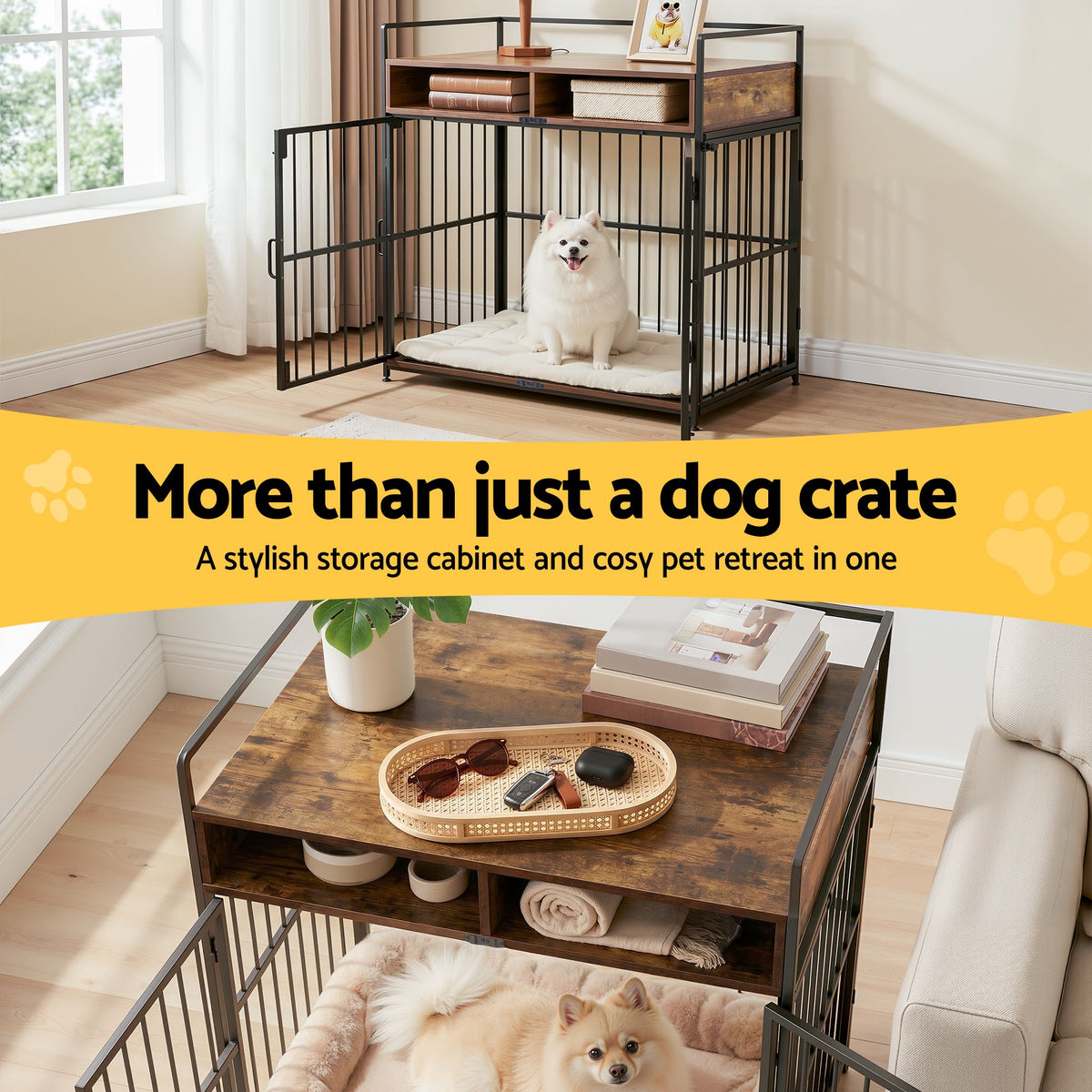 i.Pet Wooden Dog Crate Furniture with Three Doors - Black/Brown, 104 cm