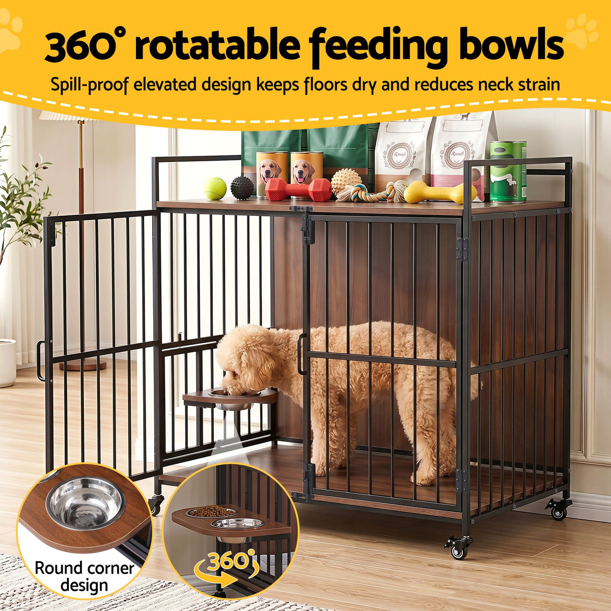 i.Pet Wooden Dog Crate Furniture with Wheels - Black, 99 cm