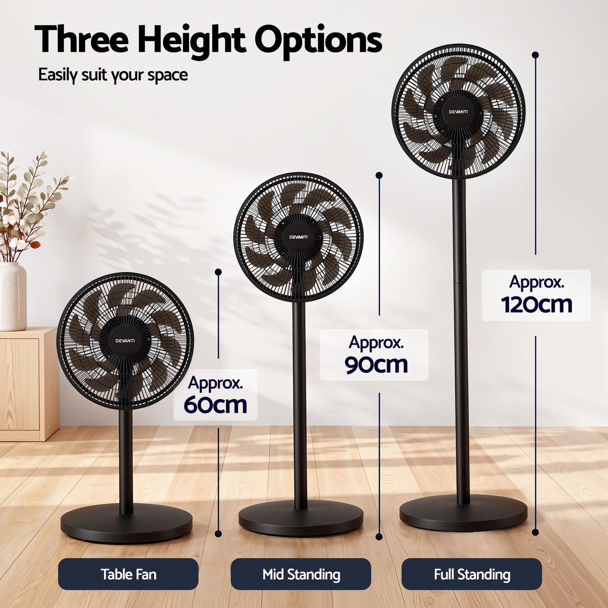 Devanti DC Pedestal Fan with Remote, 7 Speeds & 3 Heights - Black