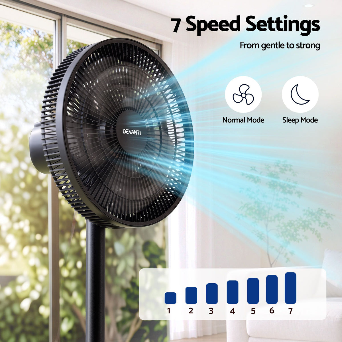 Devanti DC Pedestal Fan with Remote, 7 Speeds & 3 Heights - Black