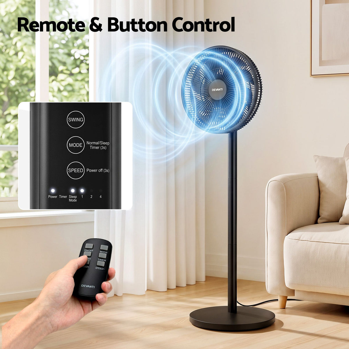 Devanti DC Pedestal Fan with Remote, 7 Speeds & 3 Heights - Black