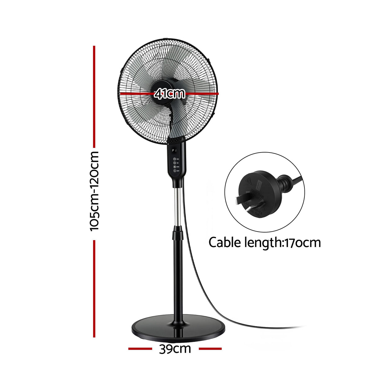 Devanti 16-Inch Pedestal Fan with Remote, Three Speeds and Timer – Black
