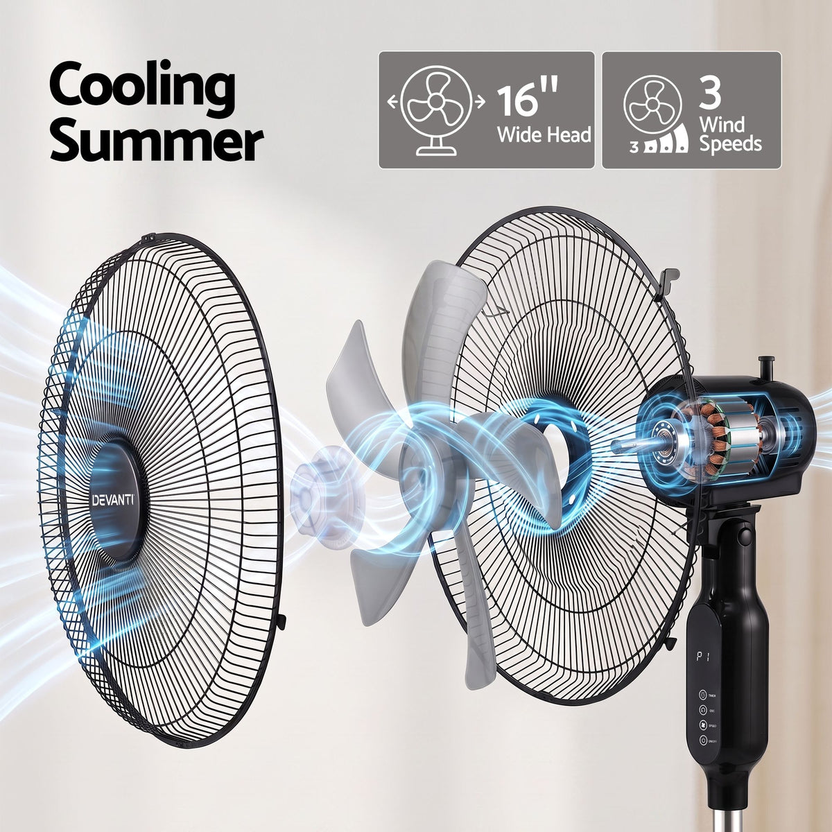 Devanti 16-Inch Pedestal Fan with Remote, Three Speeds and Timer – Black