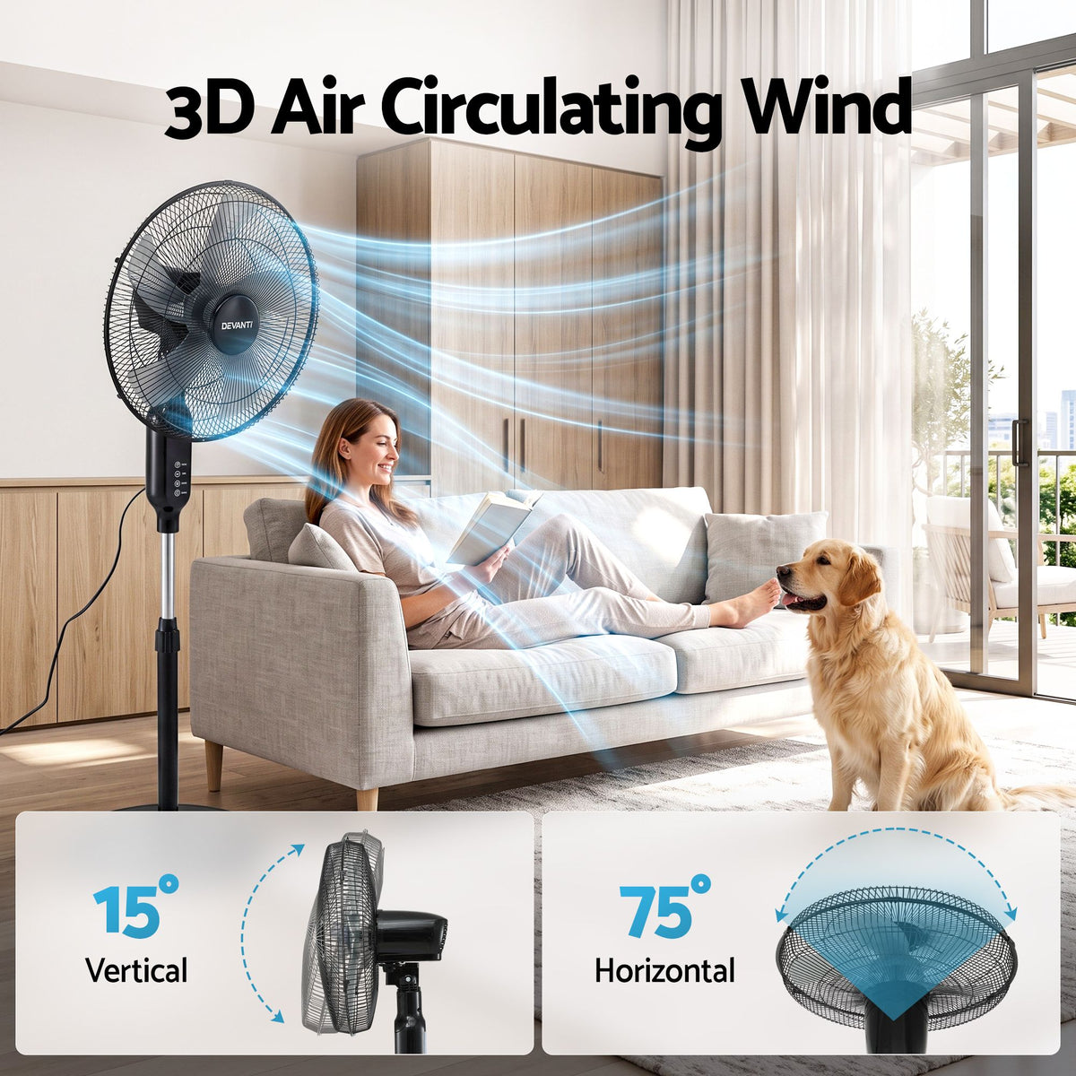 Devanti 16-Inch Pedestal Fan with Remote, Three Speeds and Timer – Black