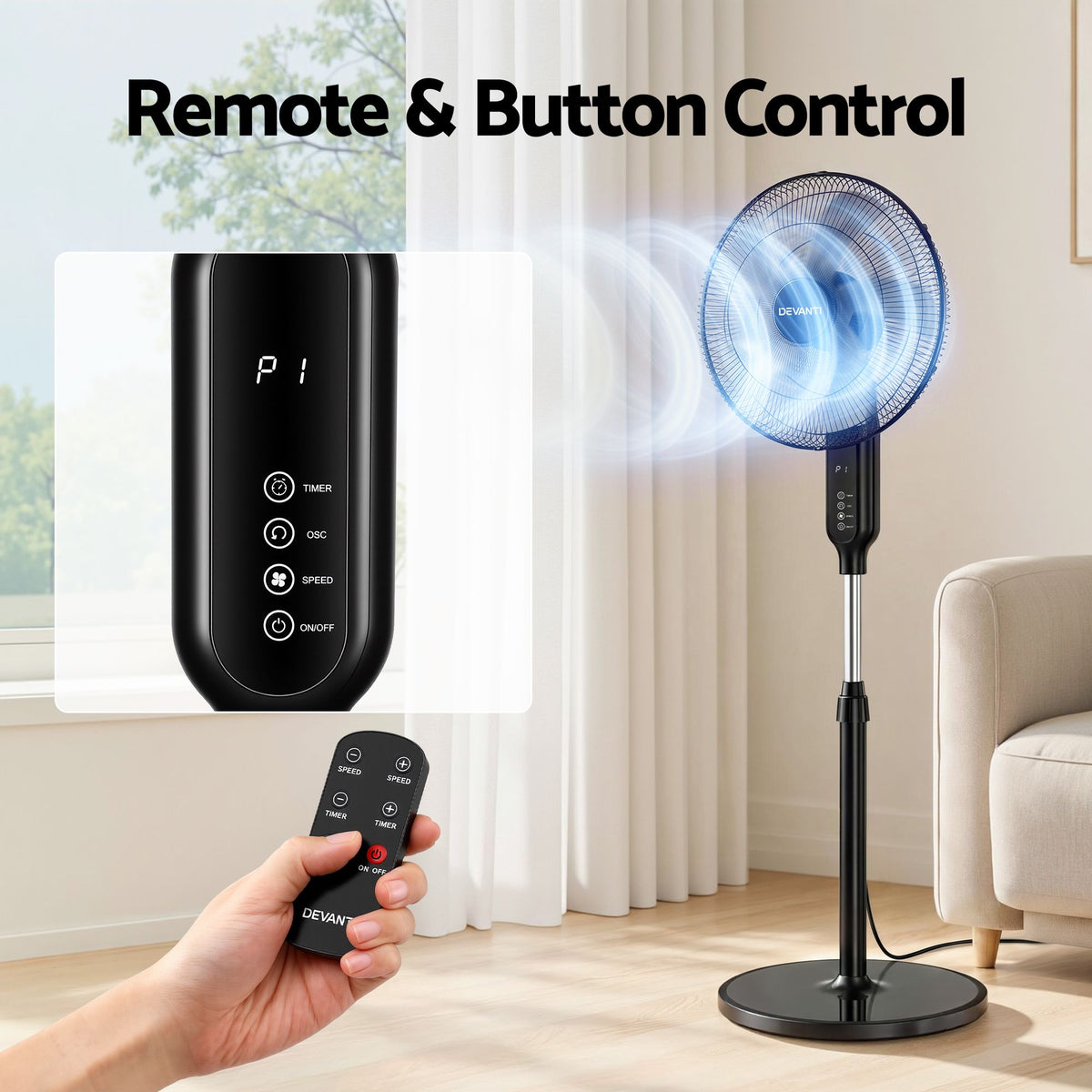 Devanti 16-Inch Pedestal Fan with Remote, Three Speeds and Timer – Black
