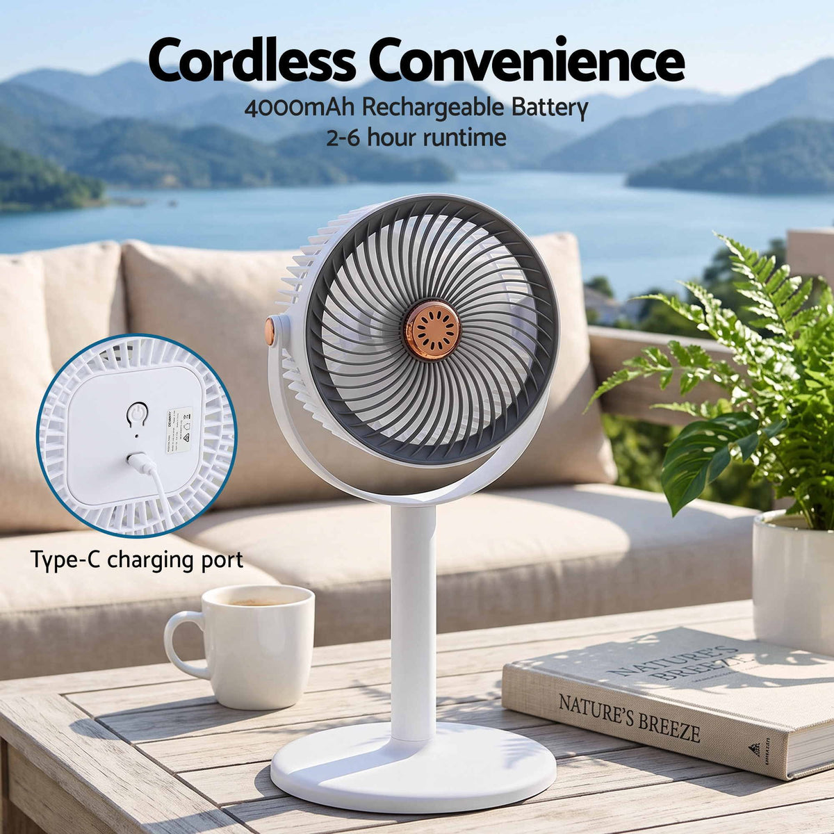 Devanti Rechargeable Pedestal Fan, 4000 mAh, 5 Speeds, 4 Heights, White