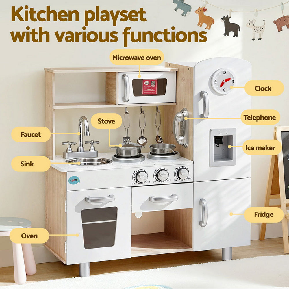 Keezi Kids Kitchen Play Set Wooden Pretend Toys Cooking Children Clock Beige