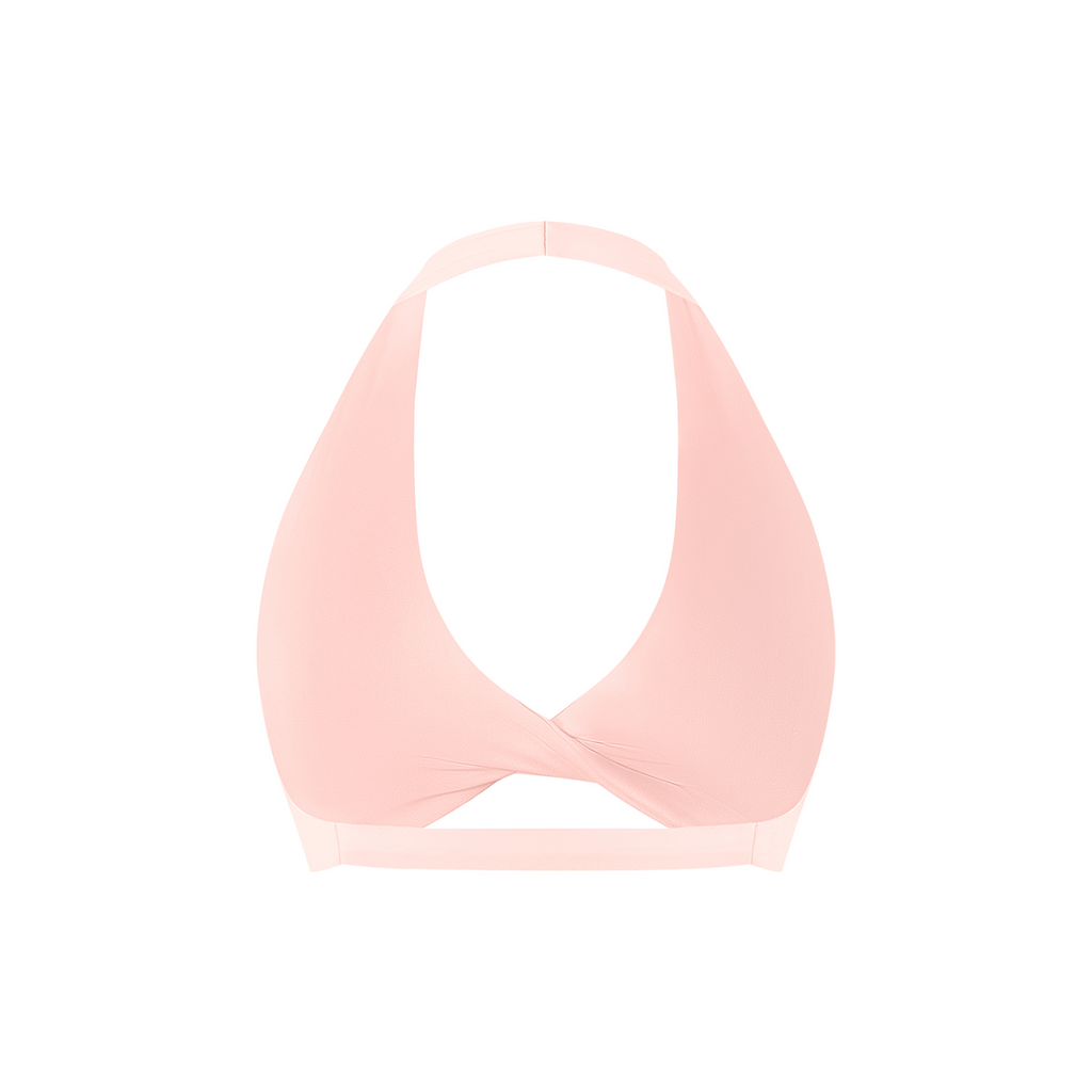 Off Script Women's Twist Front Halter Sports Bra - Pink back 3D mockup