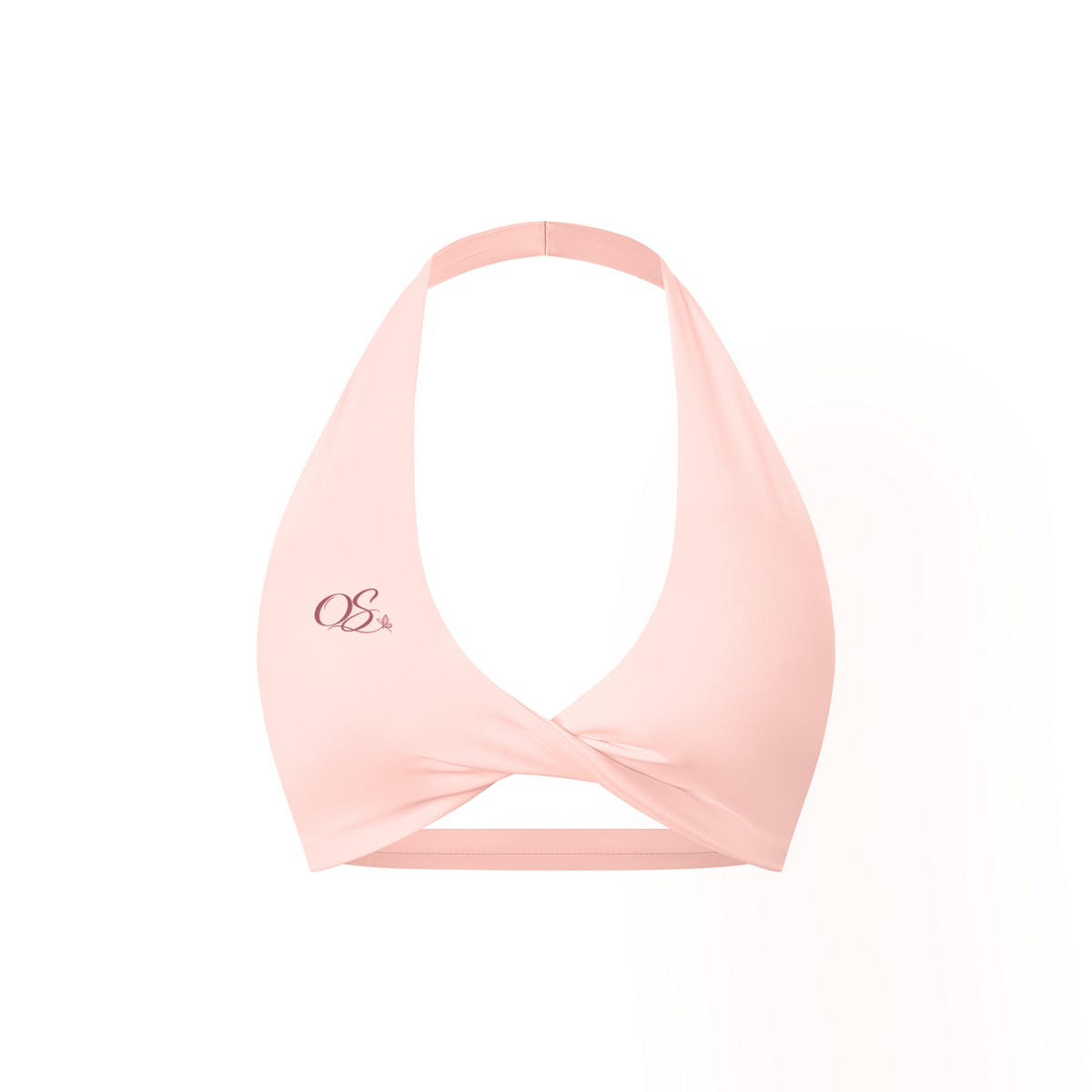 Off Script Women's Twist Front Halter Sports Bra - Pink front 3D mockup