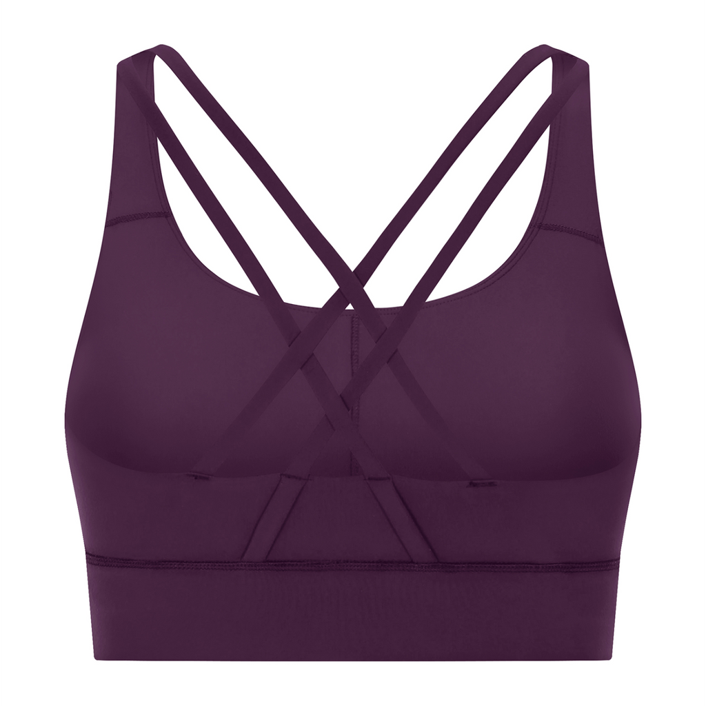 Off Script Women’s Strappy Criss-Cross Sports Bra - Purple back 3D mockup