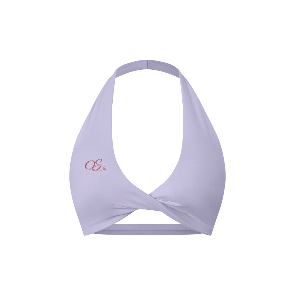 Off Script Women's Twist Front Halter Sports Bra - Purple front 3D mockup