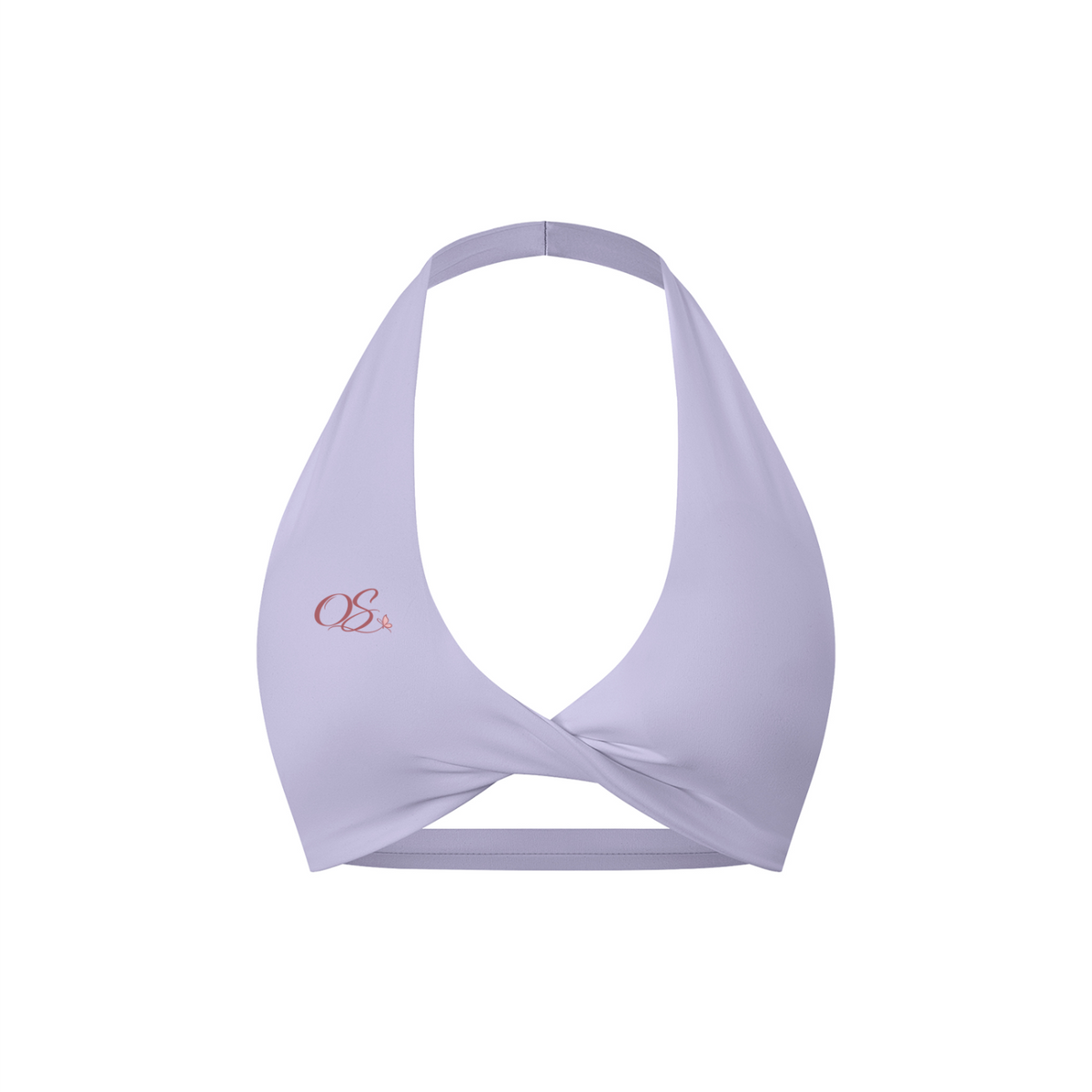 Off Script Women's Twist Front Halter Sports Bra - Purple front 3D mockup