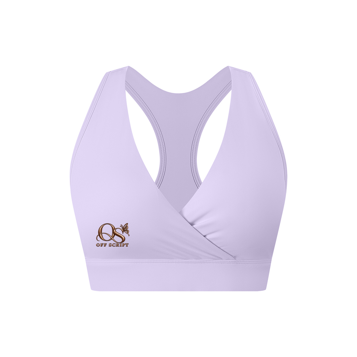 Off Script Women’s Crossover V-Neck Sports Bra - Purple front 3D mockup