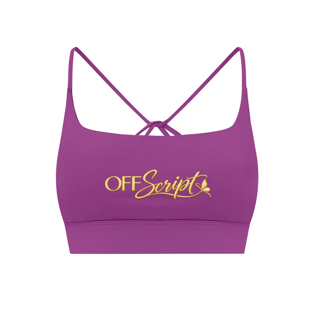 Off Script Women’s Strappy Criss-Cross Yoga Sports Bra - Purple front 3D mockup