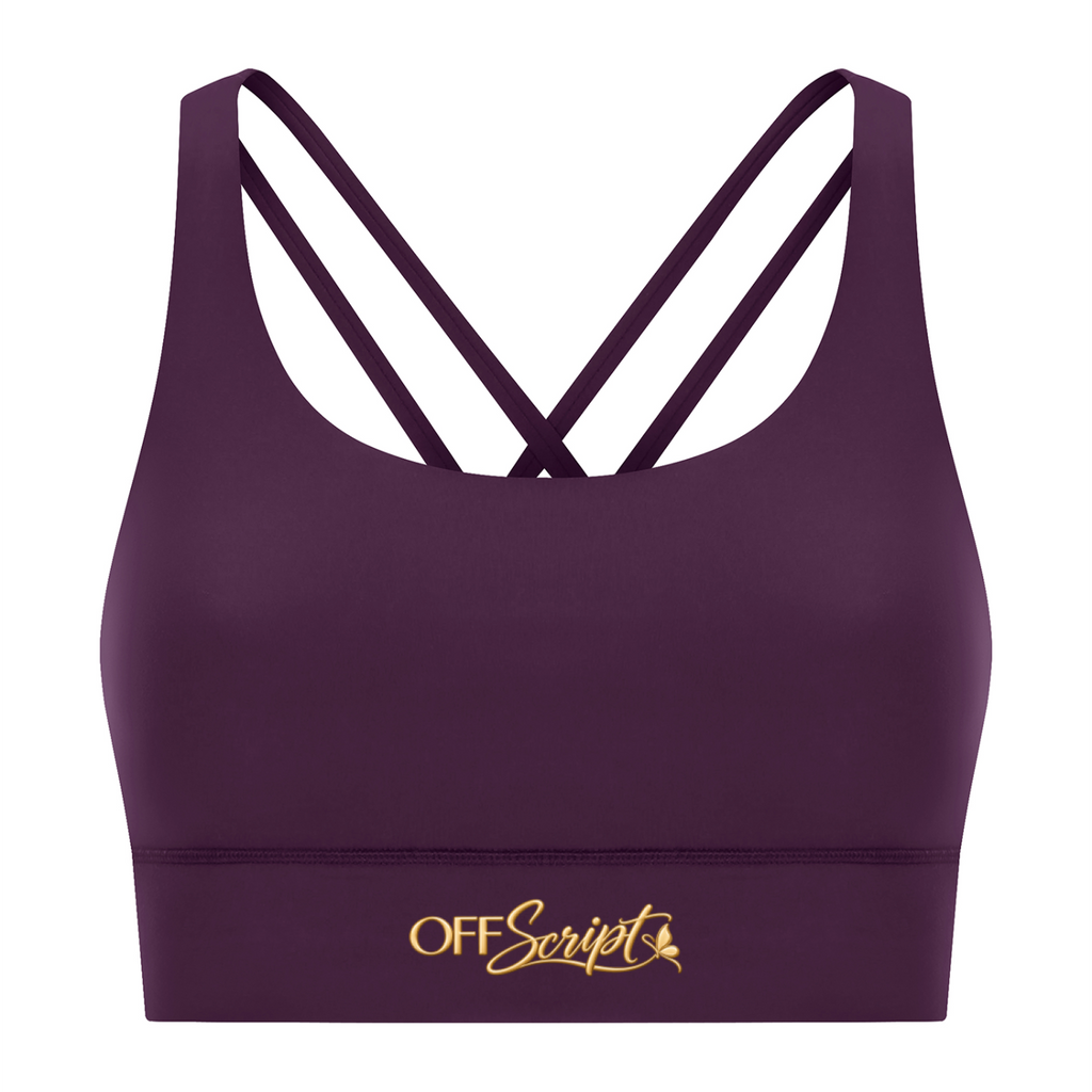 Off Script Women’s Strappy Criss-Cross Sports Bra - Purple front 3D mockup