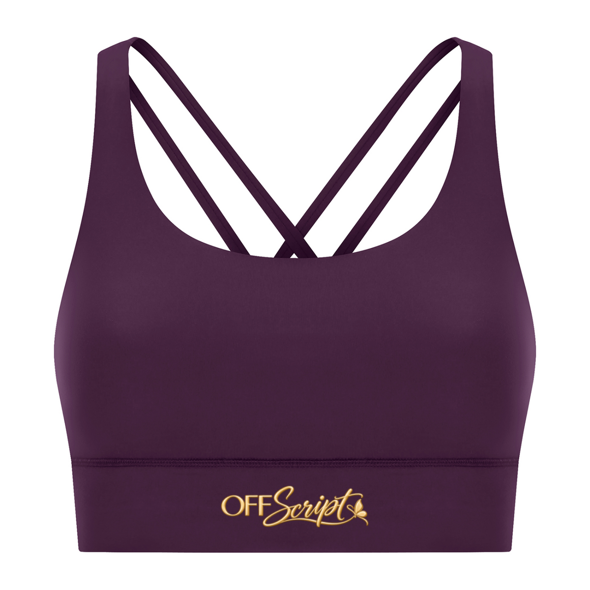Off Script Women’s Strappy Criss-Cross Sports Bra - Purple front 3D mockup