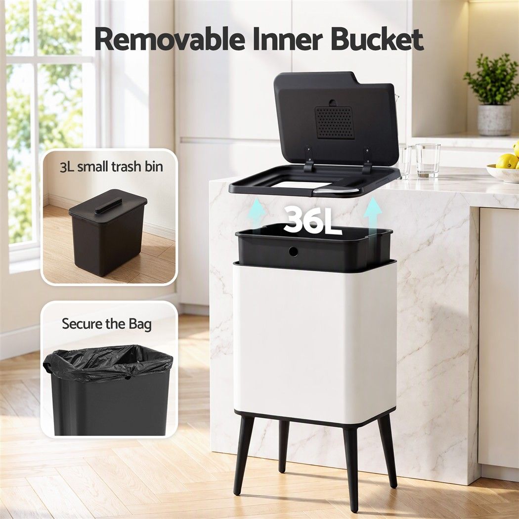 Cefito 36L Dual-Compartment Press-Lid Rubbish Bin - White