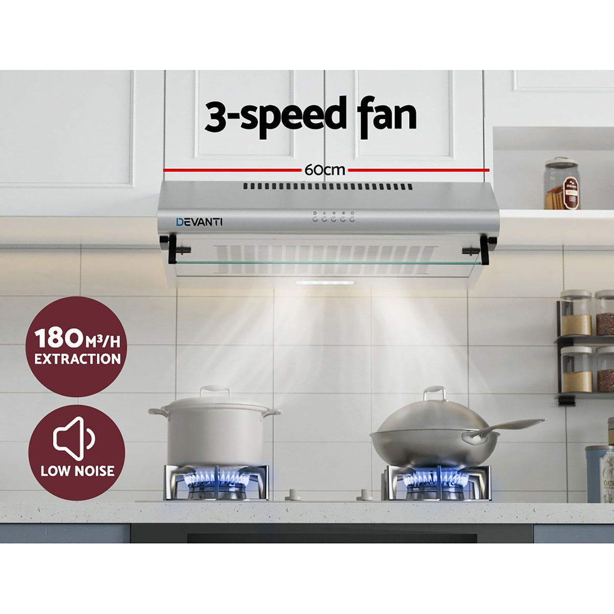 Devanti 60 cm Stainless Steel Rangehood with Glass Visor and LED