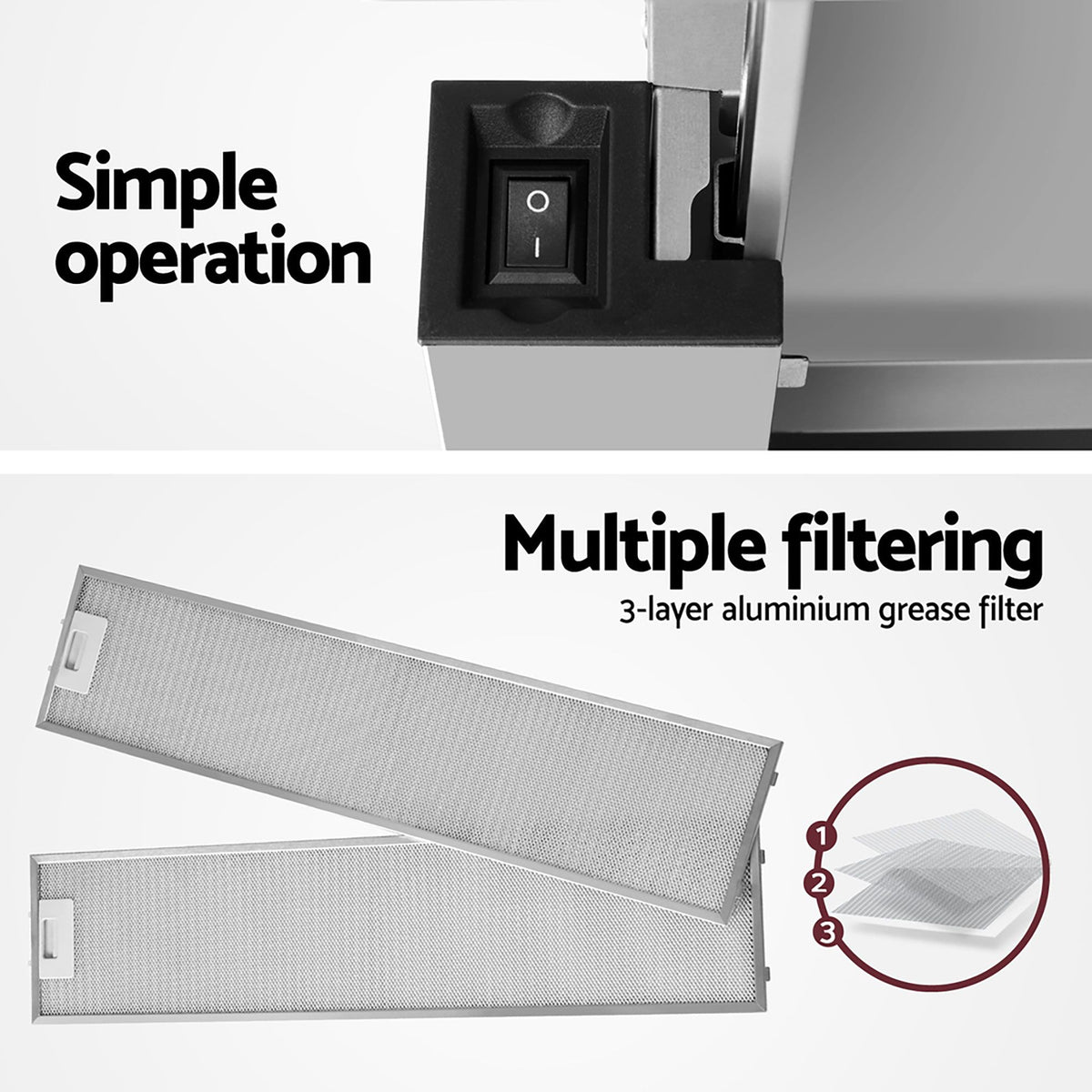 Devanti 90cm Range Hood 900mm Rangehoods Slide Out Stainless Steel