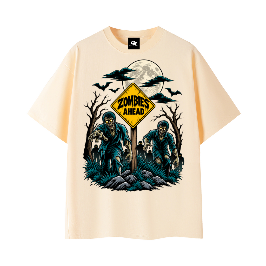 Zombies Ahead Unisex Graphic T-Shirt - Apricot front 3D mockup