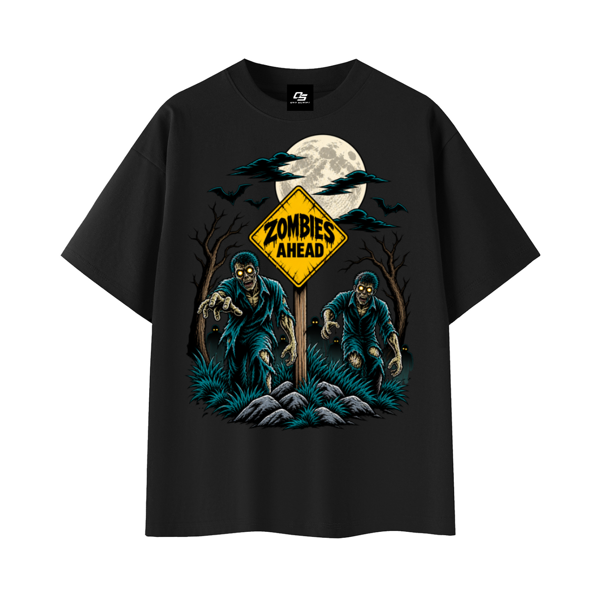 Zombies Ahead Unisex Graphic T-Shirt - Black front 3D mockup