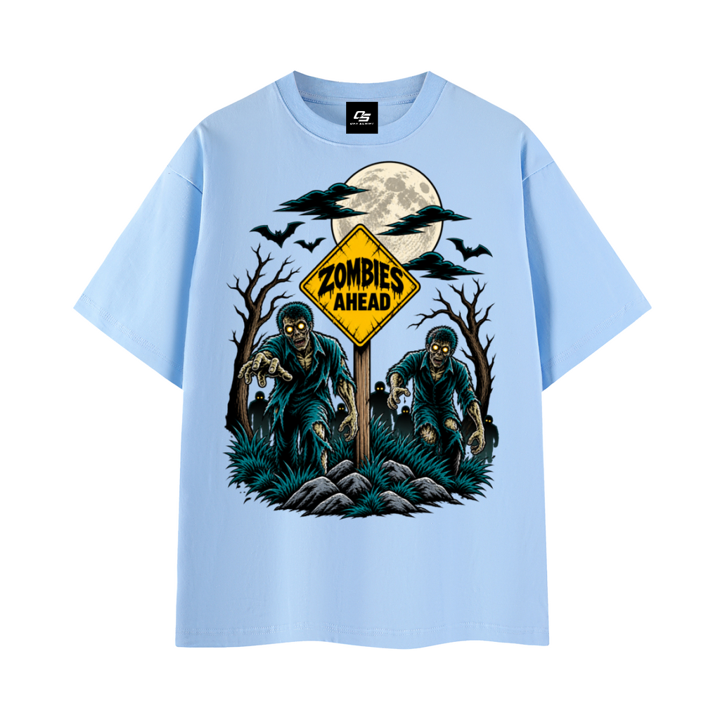 Zombies Ahead Unisex Graphic T-Shirt - Blue front 3D mockup
