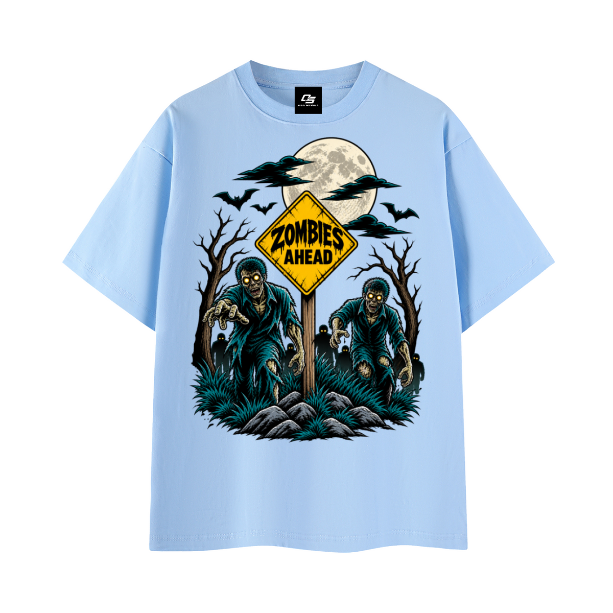 Zombies Ahead Unisex Graphic T-Shirt - Blue front 3D mockup
