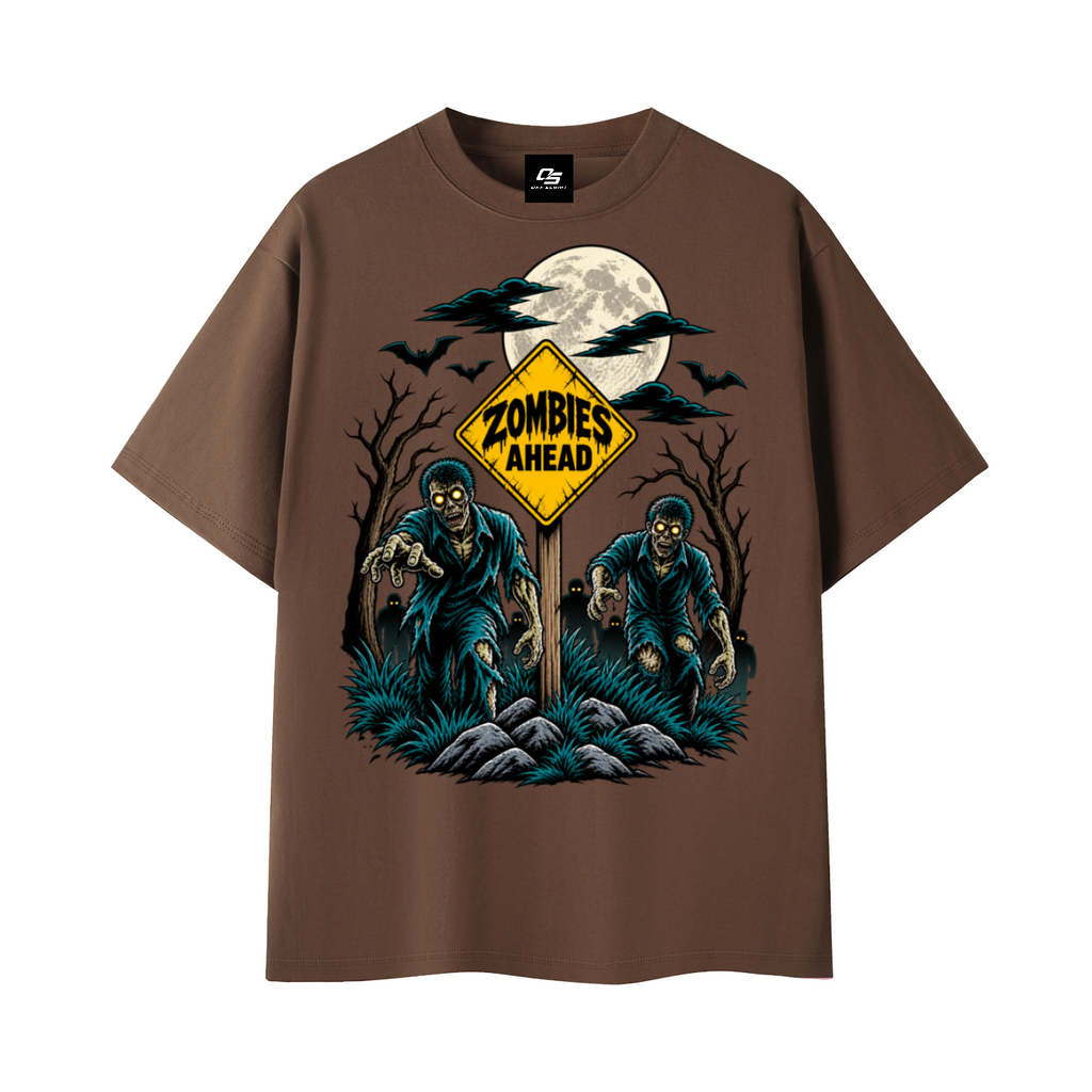 Zombies Ahead Unisex Graphic T-Shirt - Coffee front 3D mockup