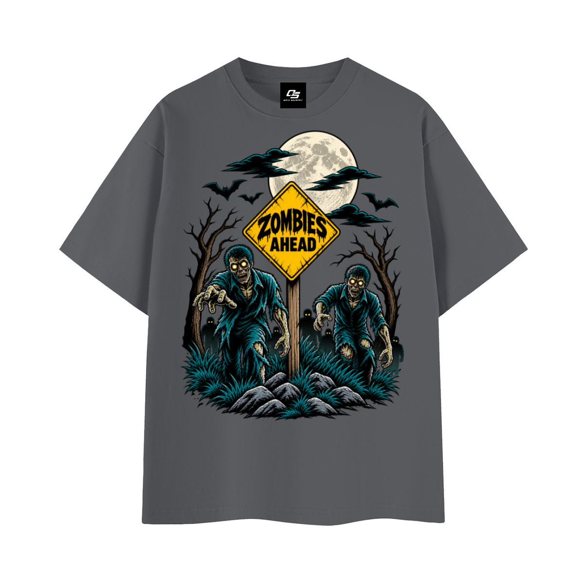 Zombies Ahead Unisex Graphic T-Shirt - Dark Gray front 3D mockup