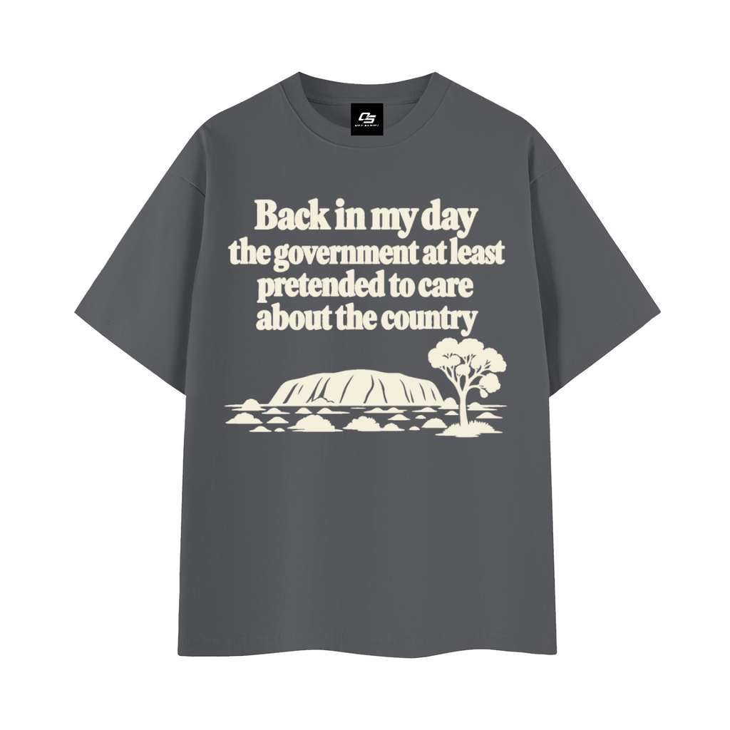 Dark Grey Back in My Day Australian Quote T-Shirt 3D front mockup