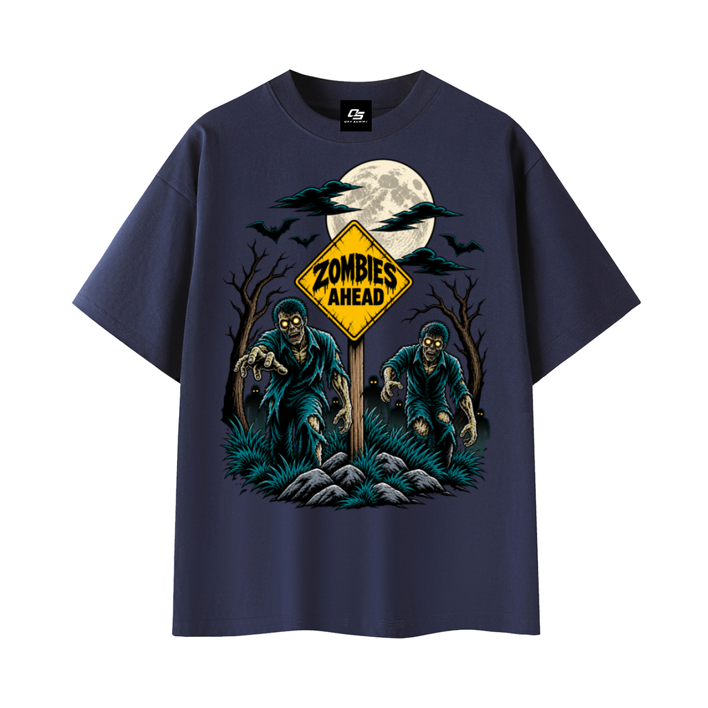 Zombies Ahead Unisex Graphic T-Shirt - Navy Blue front 3D mockup
