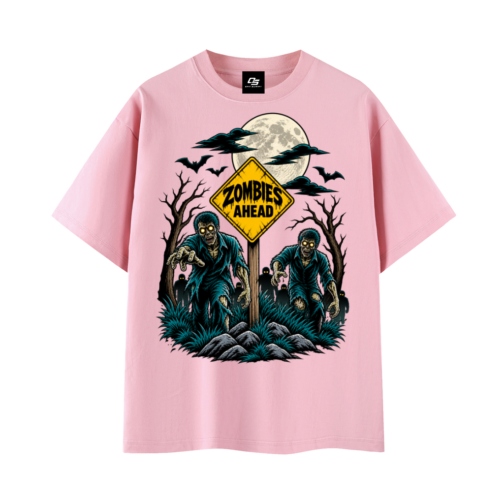Zombies Ahead Unisex Graphic T-Shirt - Pink front 3D mockup