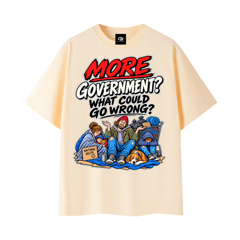 More Government? What Could Go Wrong? Unisex Graphic T-Shirt - Apricot front 3D mockup