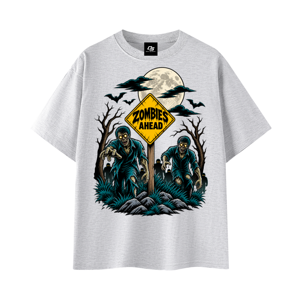 Zombies Ahead Unisex Graphic T-Shirt - White Gray front 3D mockup