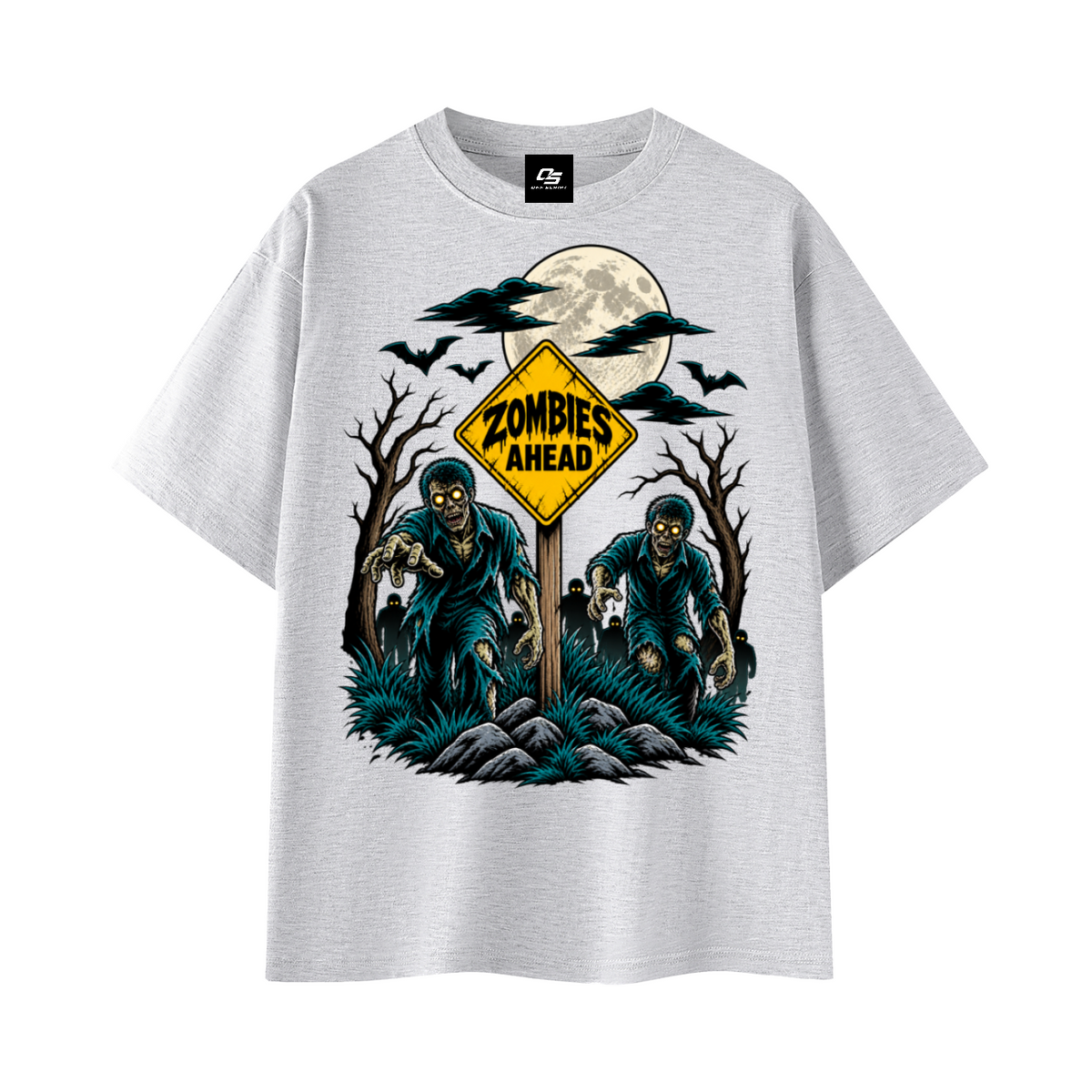 Zombies Ahead Unisex Graphic T-Shirt - White Gray front 3D mockup
