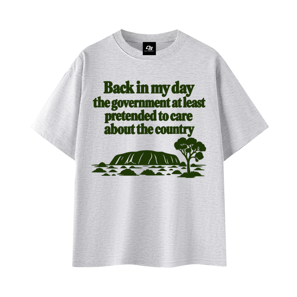White Grey Back in My Day Australian Quote T-Shirt 3D front mockup