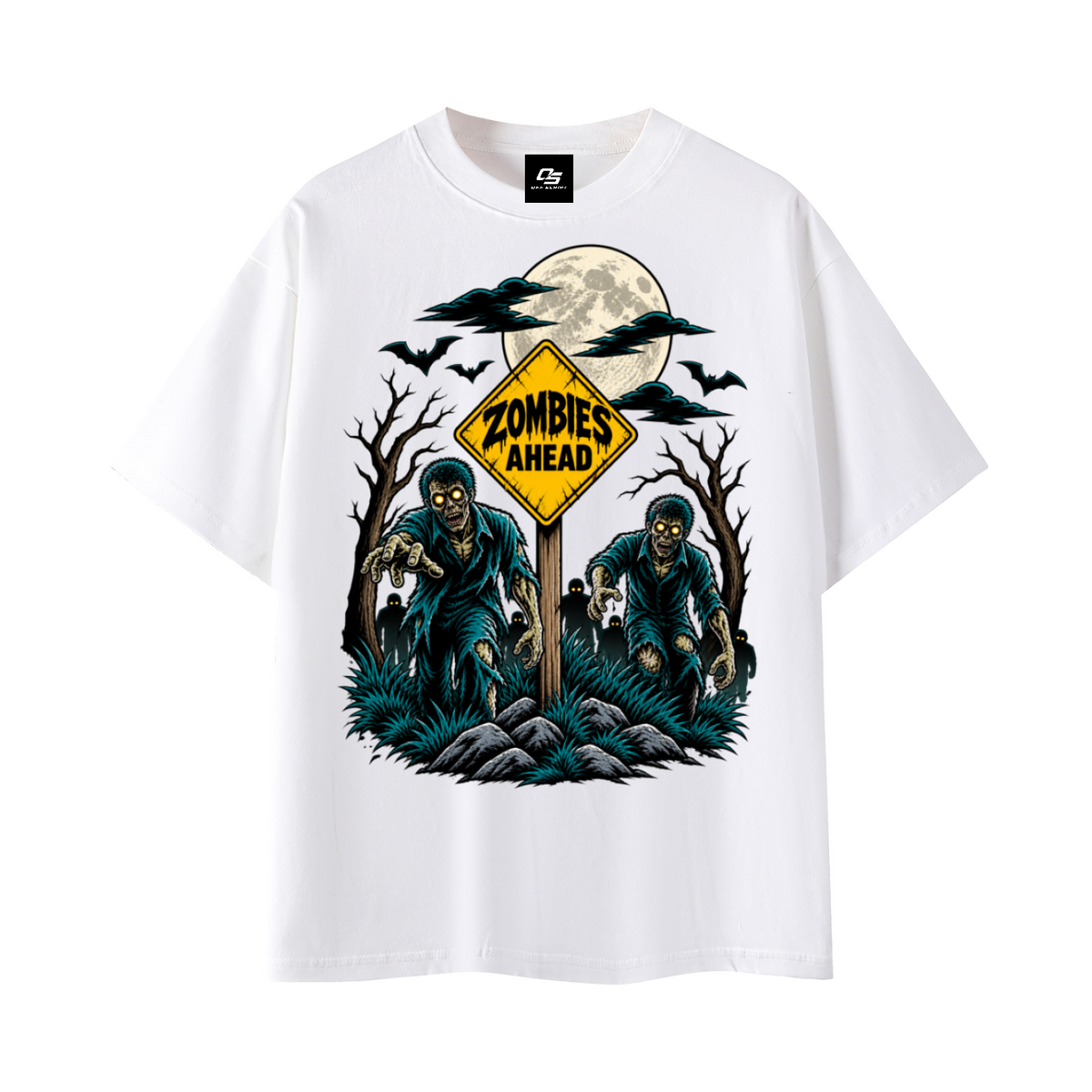 Zombies Ahead Unisex Graphic T-Shirt - White front 3D mockup