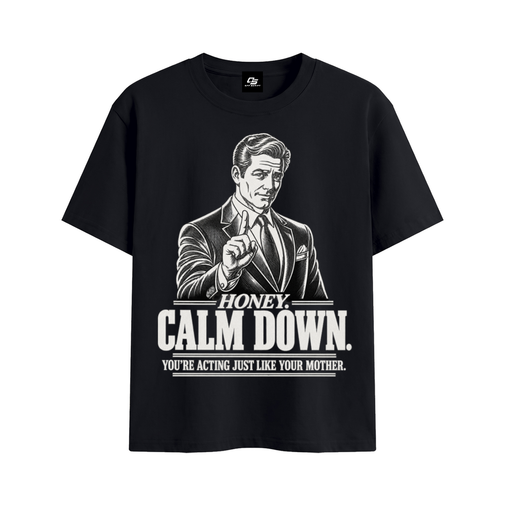 Honey Calm Down Unisex Graphic Cotton T-Shirt - Black front 3D mockup
