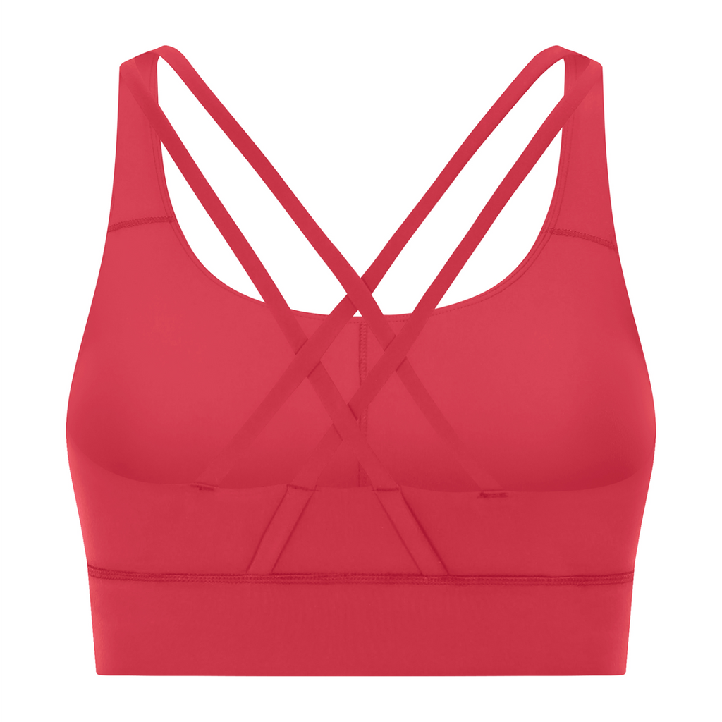 Off Script Women’s Strappy Criss-Cross Sports Bra - Red back 3D mockup