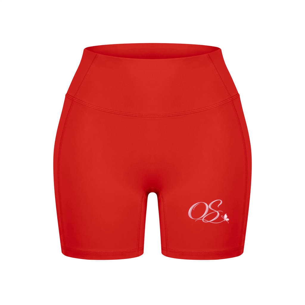 Off Script Women’s High Waisted Yoga Biker Shorts - Red front 3D mockup