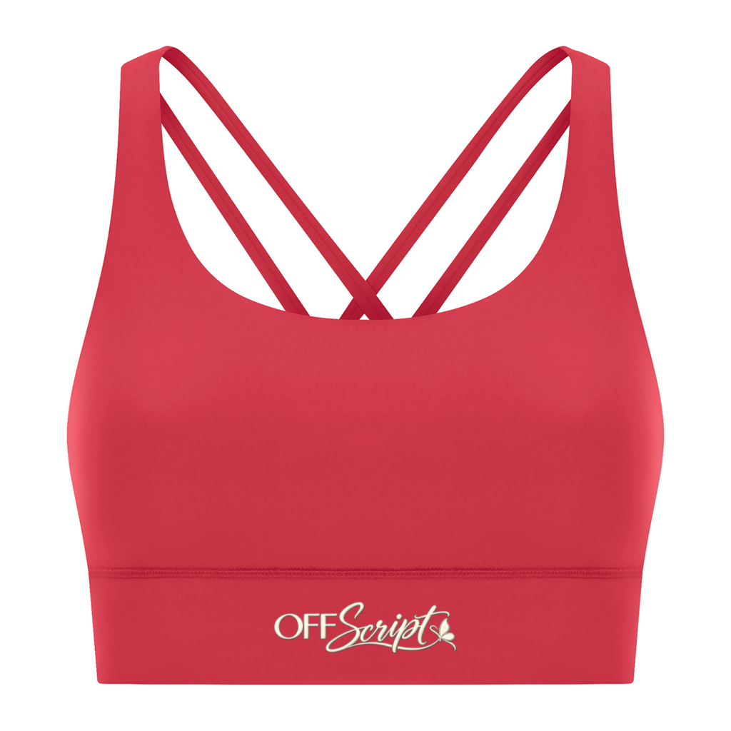 Off Script Women’s Strappy Criss-Cross Sports Bra - Red front 3D mockup