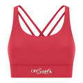 Off Script Women’s Strappy Criss-Cross Sports Bra - Red front 3D mockup