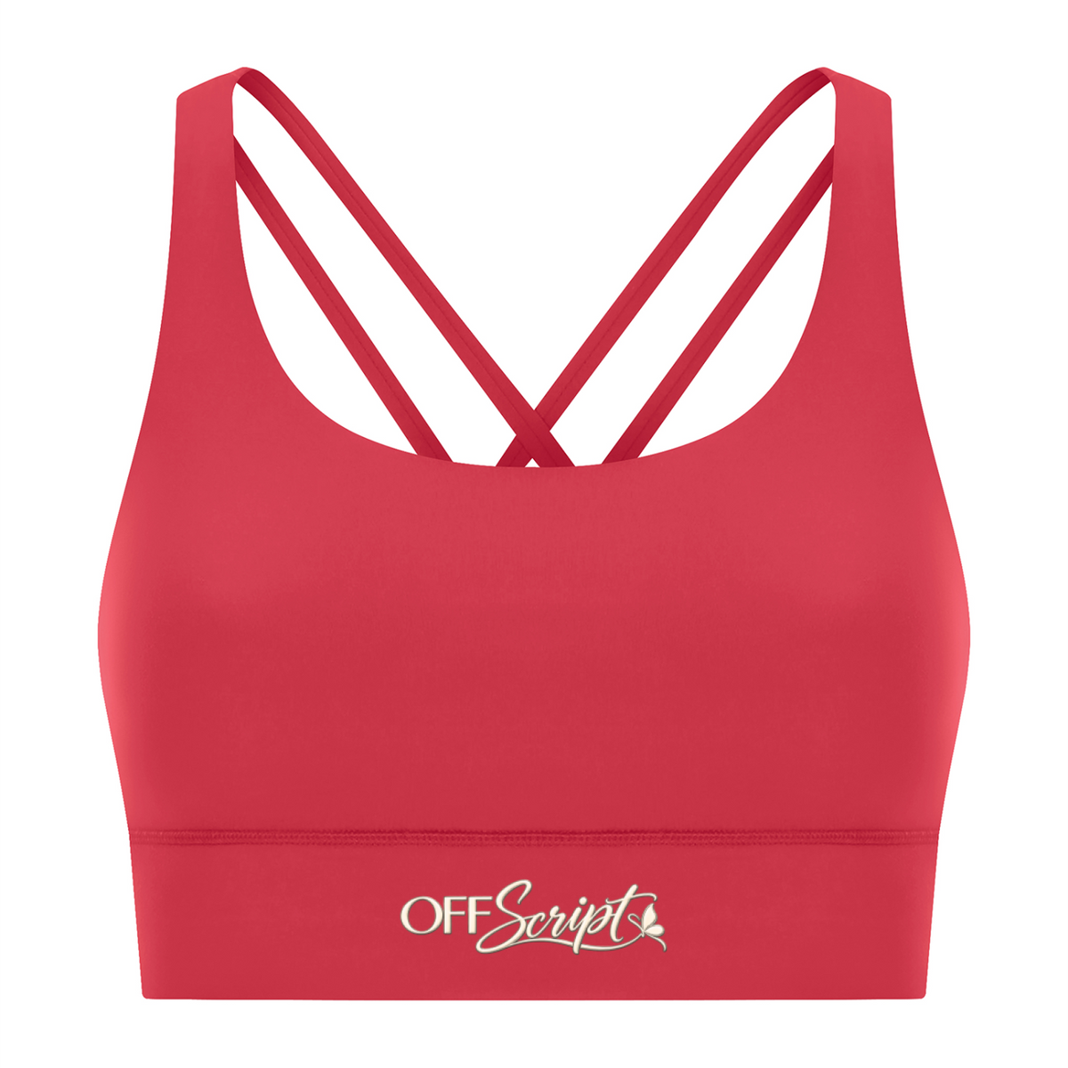 Off Script Women’s Strappy Criss-Cross Sports Bra - Red front 3D mockup